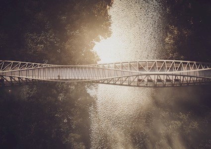 A sepia-colored aerial rendering shows a winding bridge over a body of water. 