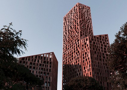 A rendering from a street-level view of a high-rise building with brown textured walls and differently shaped cutouts.