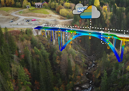 An arched bridge spanning a river gorge with a digital twin animation overlaid
