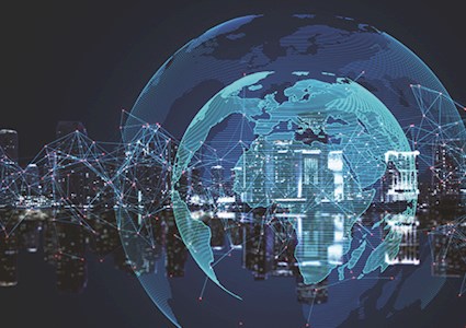 Creative glowing globe with polygonal connections on blurry blue night city background. Big data, futuristic world and business concept