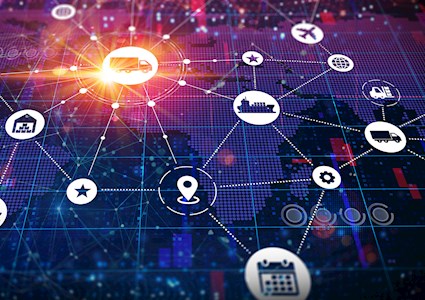 Image shows a conceptual illustration of supply chain  management with different icons, such as planes and trucks, connected by dotted lines. 