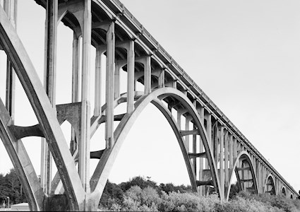 Arched bridge set amid the foliage. 