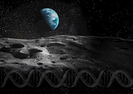 A lunar landscape is shown beneath a blue earth floating in a black, starry sky, and a shadowy double-helix shape running across the bottom of the image. 