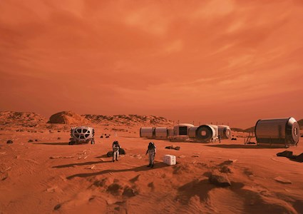 A series of cylindrical habitats are shown on the surface of Mars along with a vehicle and several astronauts, all against a red sky and red regolith.
