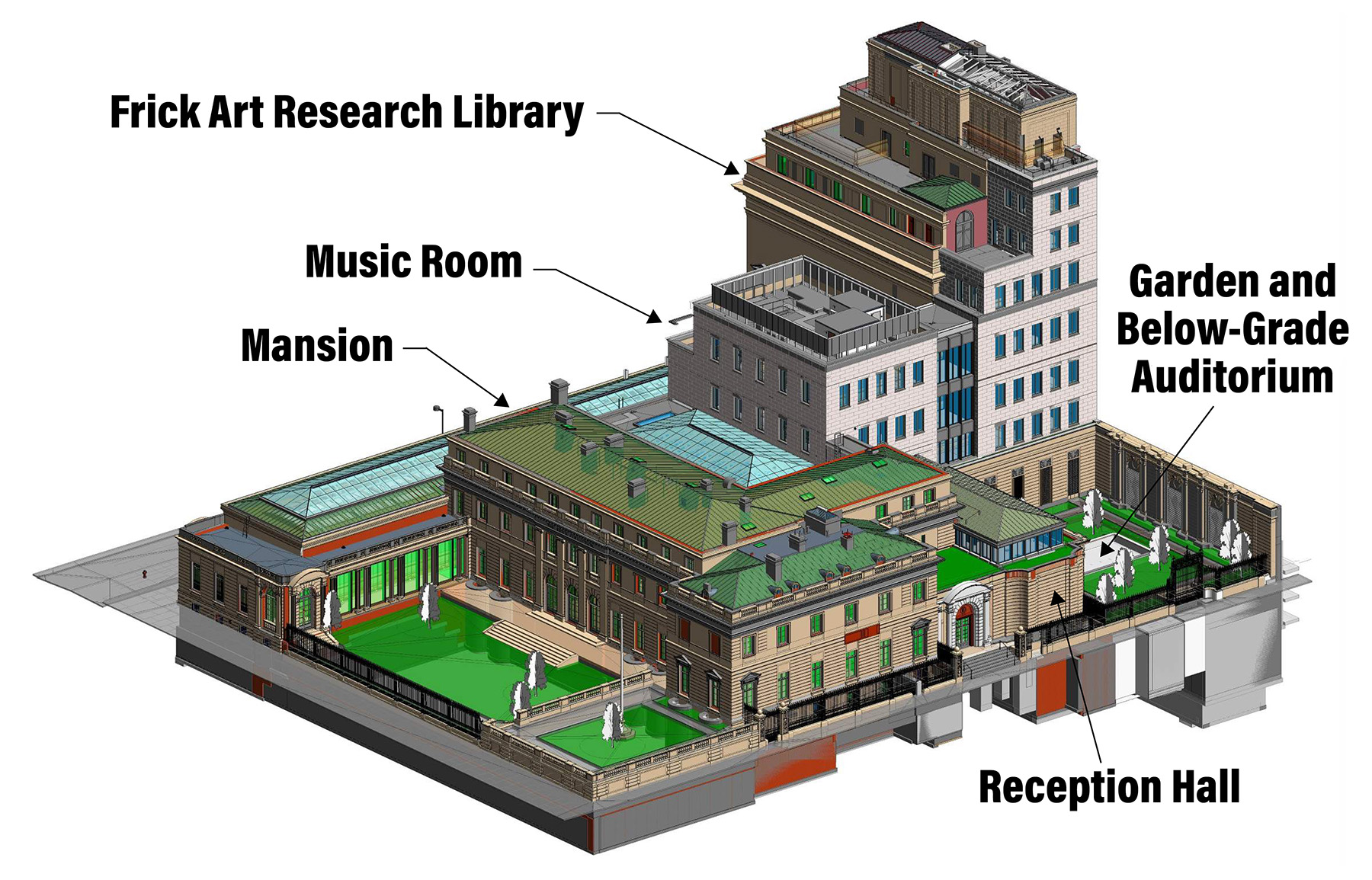 The model shows the different parts of a museum that were renovated including a nine-story library, music room, and reception hall. 