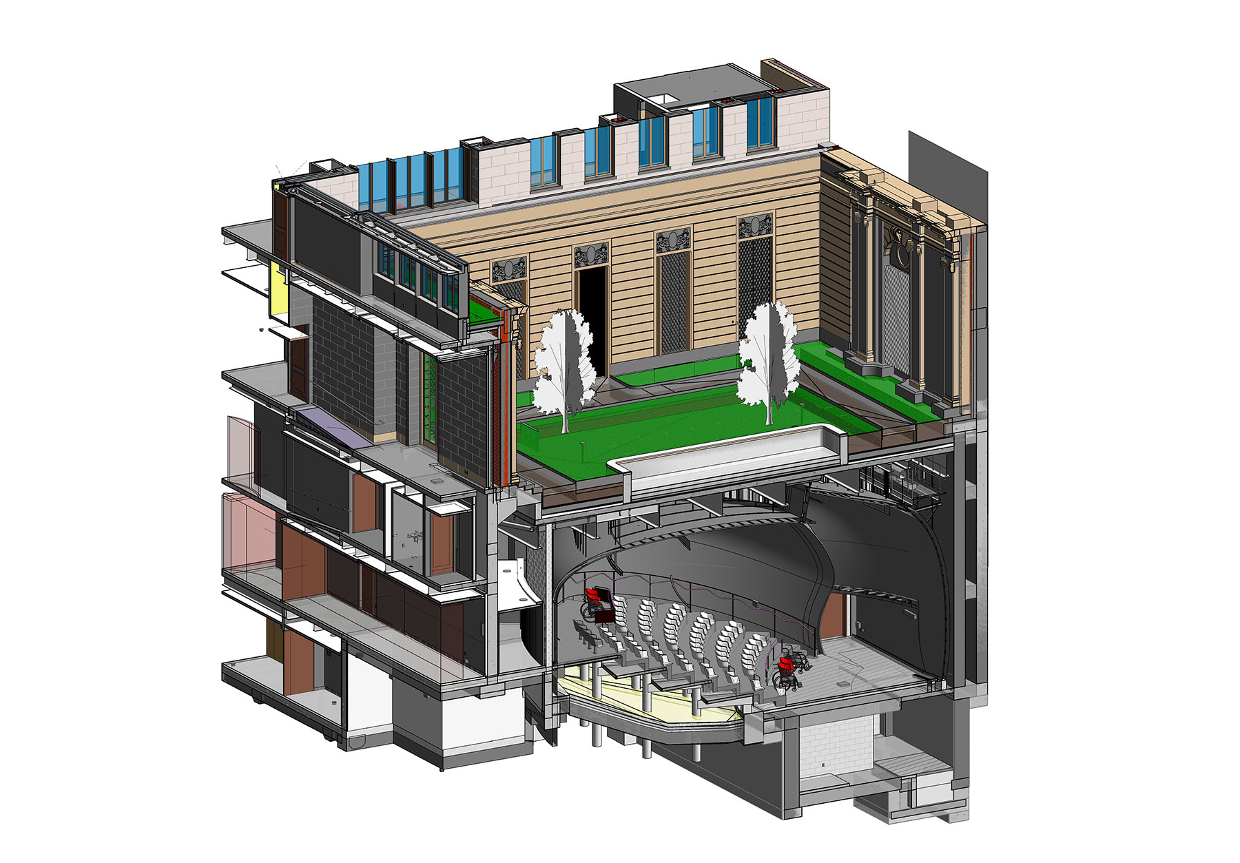 The model shows a cross section of a museum renovation. 
