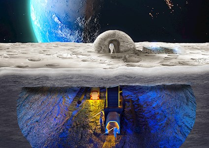 Rendering shows an astronaut entering a lunar habitat. Below the lunar surface are other astronauts walking around underground. A large planet is in the distance. 
