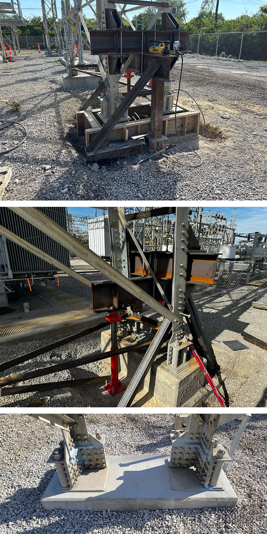 The three photos show the repair of a shoring system comprising steel brackets, a steel distribution beam, and a steel shoring beam, among other items. 