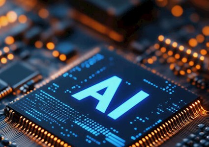 image of glowing circuit board with central microchip labeled AI