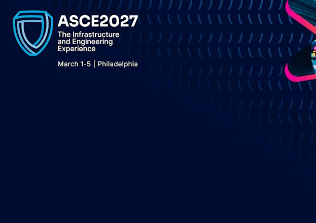 Blue patterned Microsoft Teams background with graphic elements featuring ASCE2027 branding.