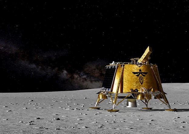 A rendering of a four-legged square-ish gold, shimmering piece of equipment stands upright on the surface of the moon. 