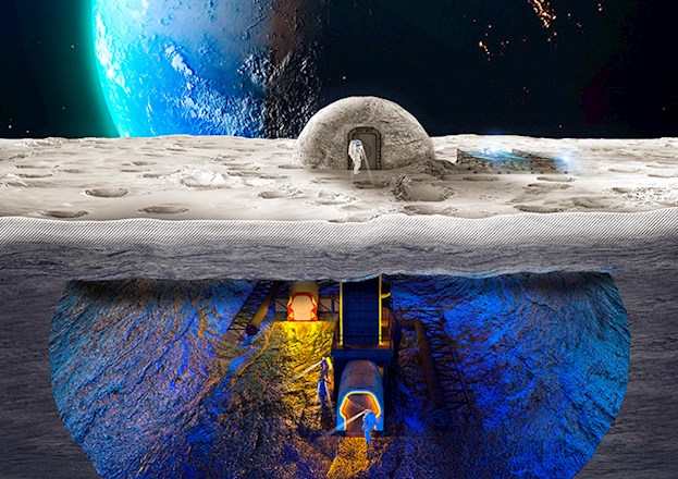 Rendering shows an astronaut entering a lunar habitat. Below the lunar surface are other astronauts walking around underground. A large planet is in the distance. 