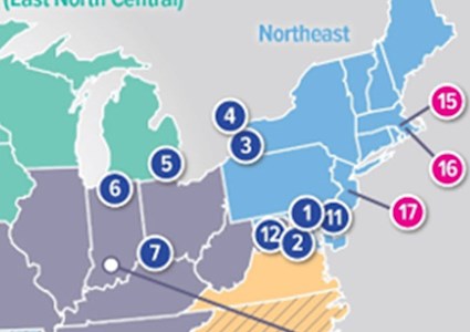 graphic shows map of U.S. and lists places where utilities participate in smart sewer programs