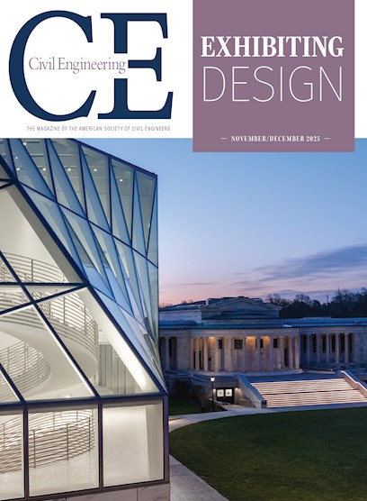 Photograph shows two buildings at night. One the left is a multifaced, circular structure with light from within beaming through the glass panes. On the right is a building made from white marble. Steps lead up to the building. 